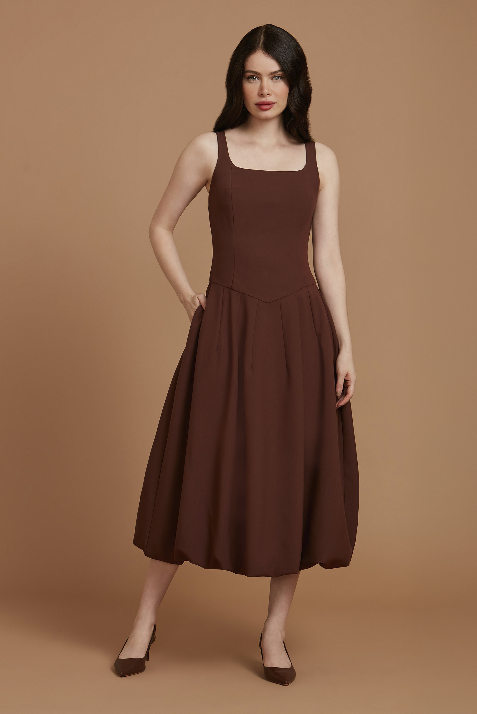 Vestido Midi Balonê Adélia Mocha