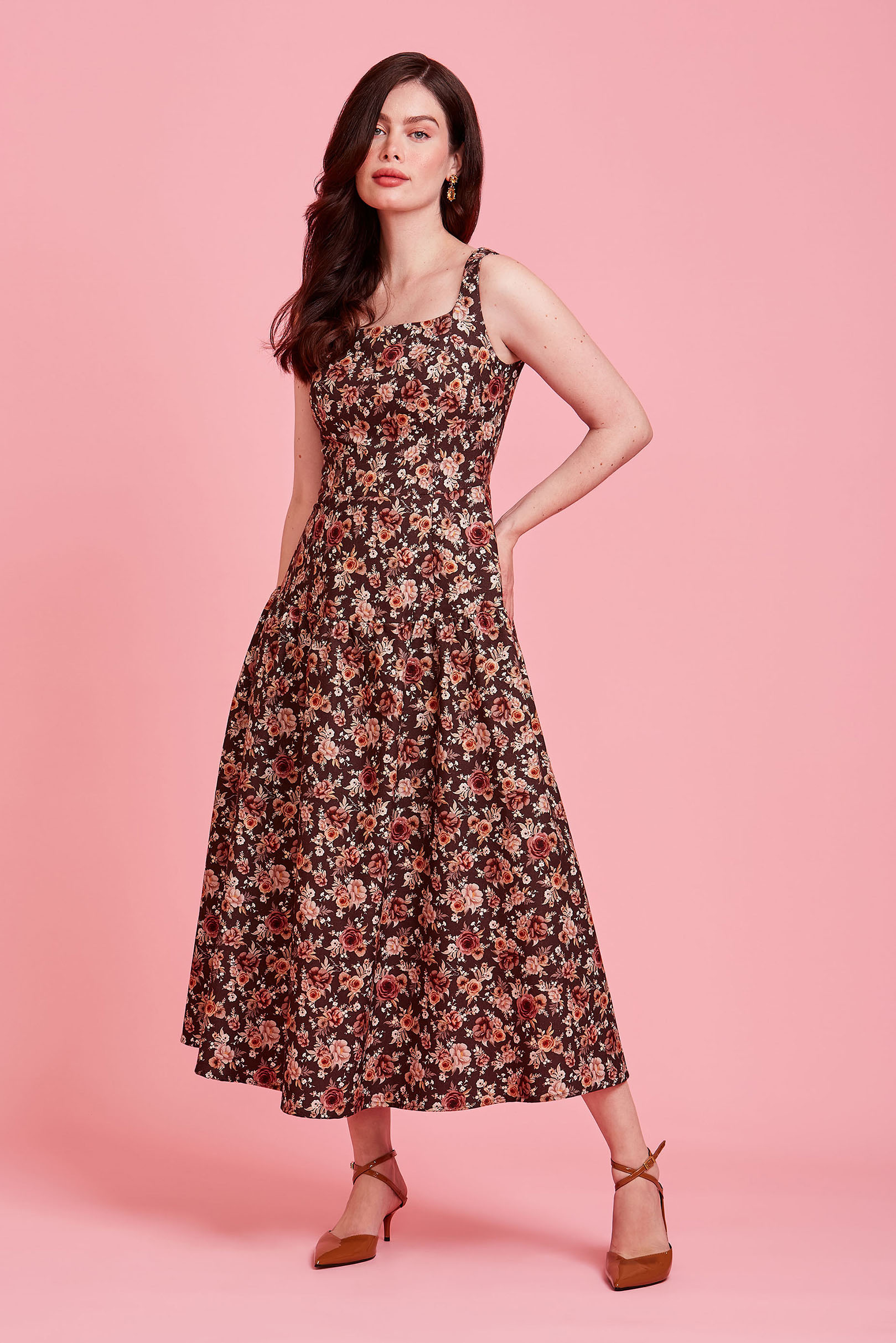 Vestido Drop Waist Bromélia Mocha Flowers