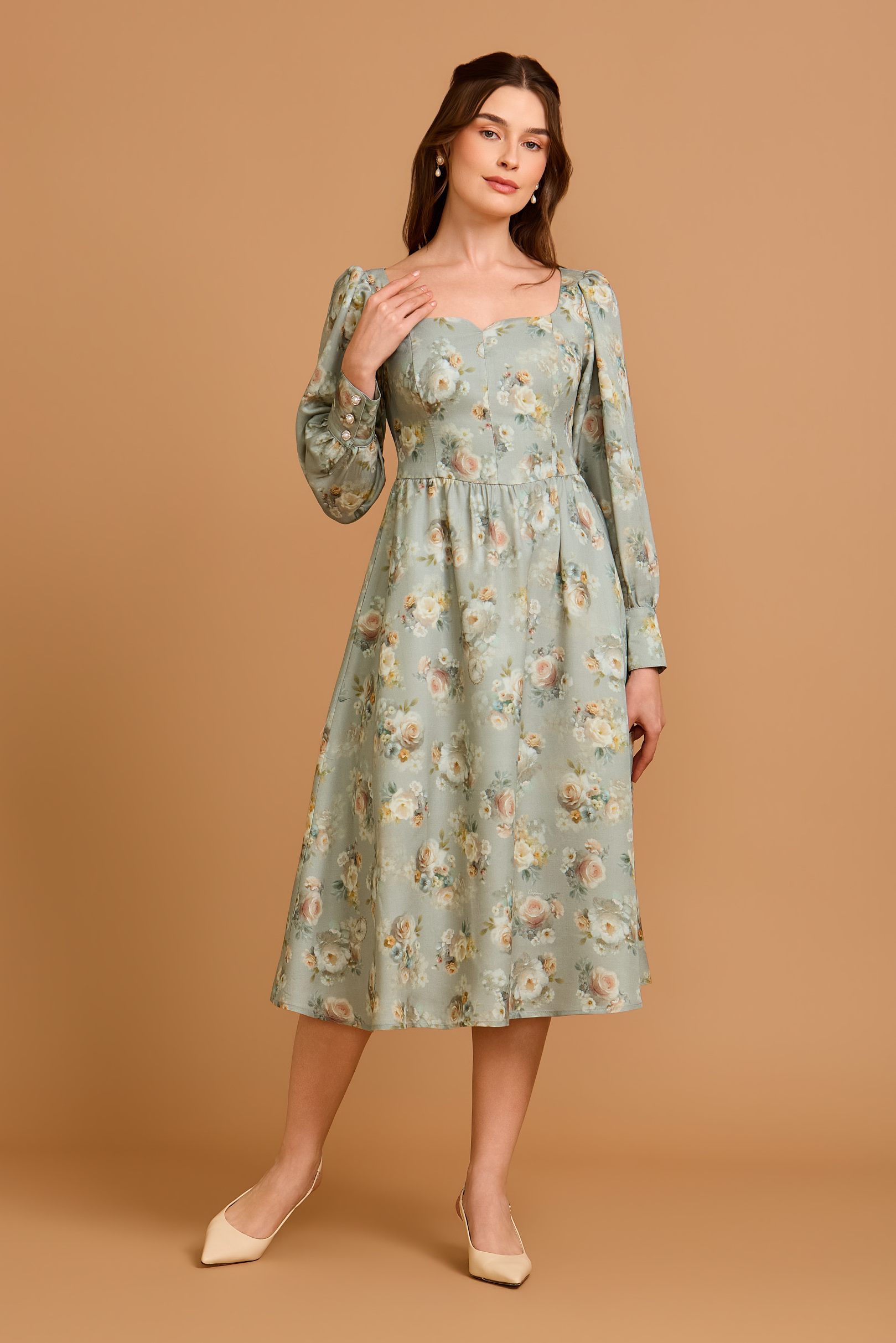 Vestido Midi Mary Floral Camafeu