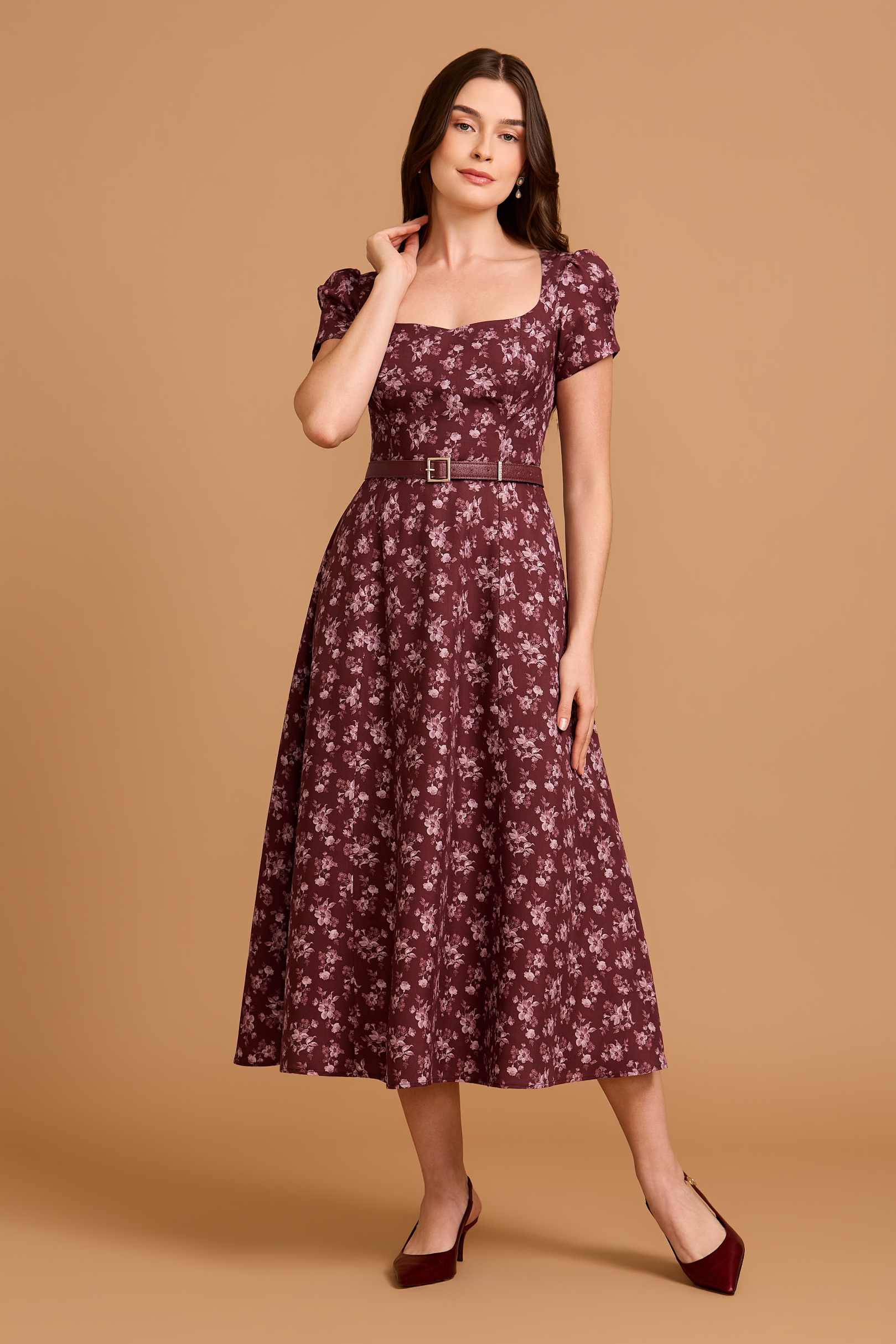 Vestido Supermidi Odette Floral Vintage Burgundy