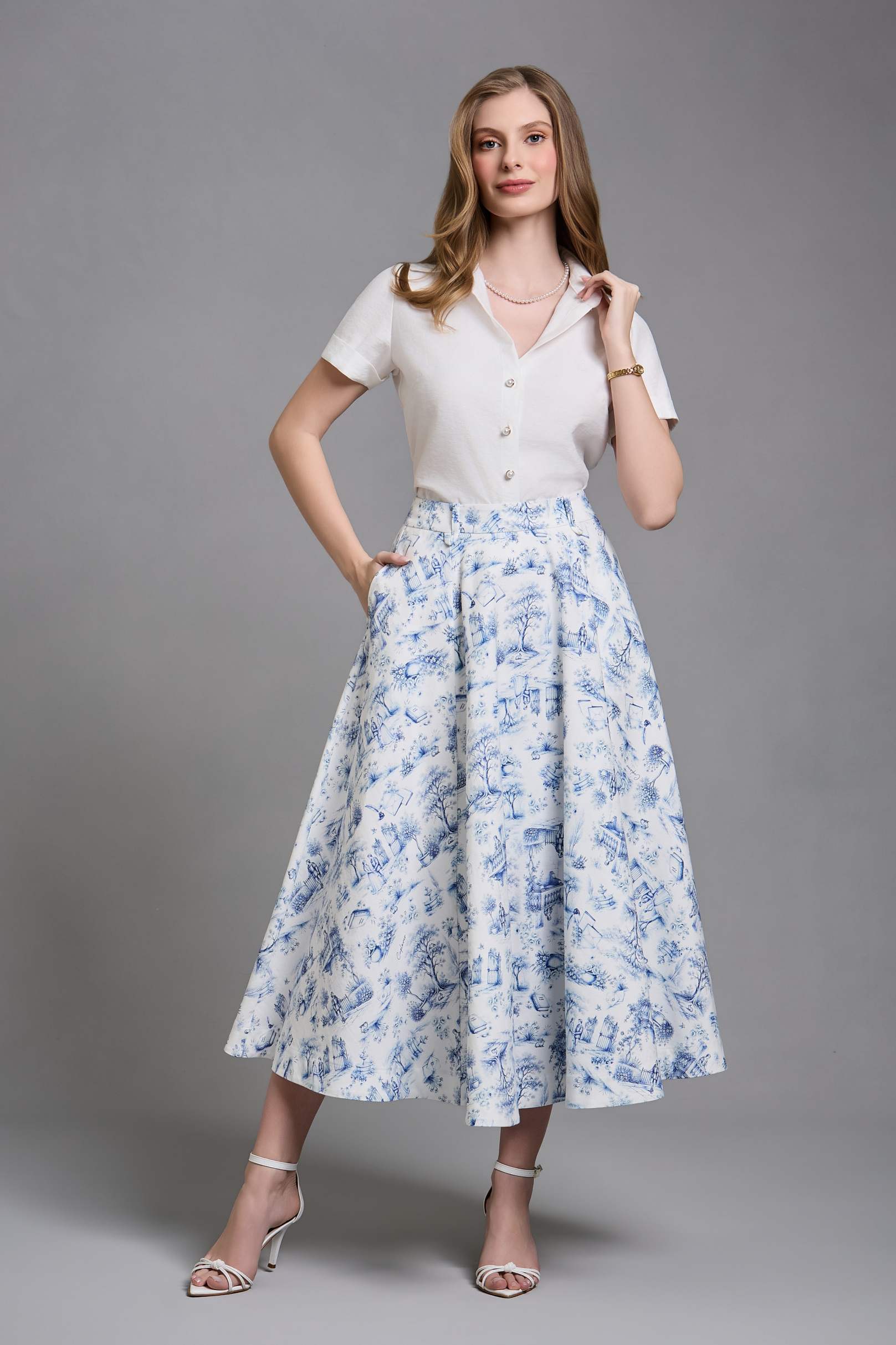 Saia Midi Coralina Toile de Jouy Blue